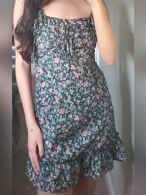 Green mini sundress with pink and white flowers
